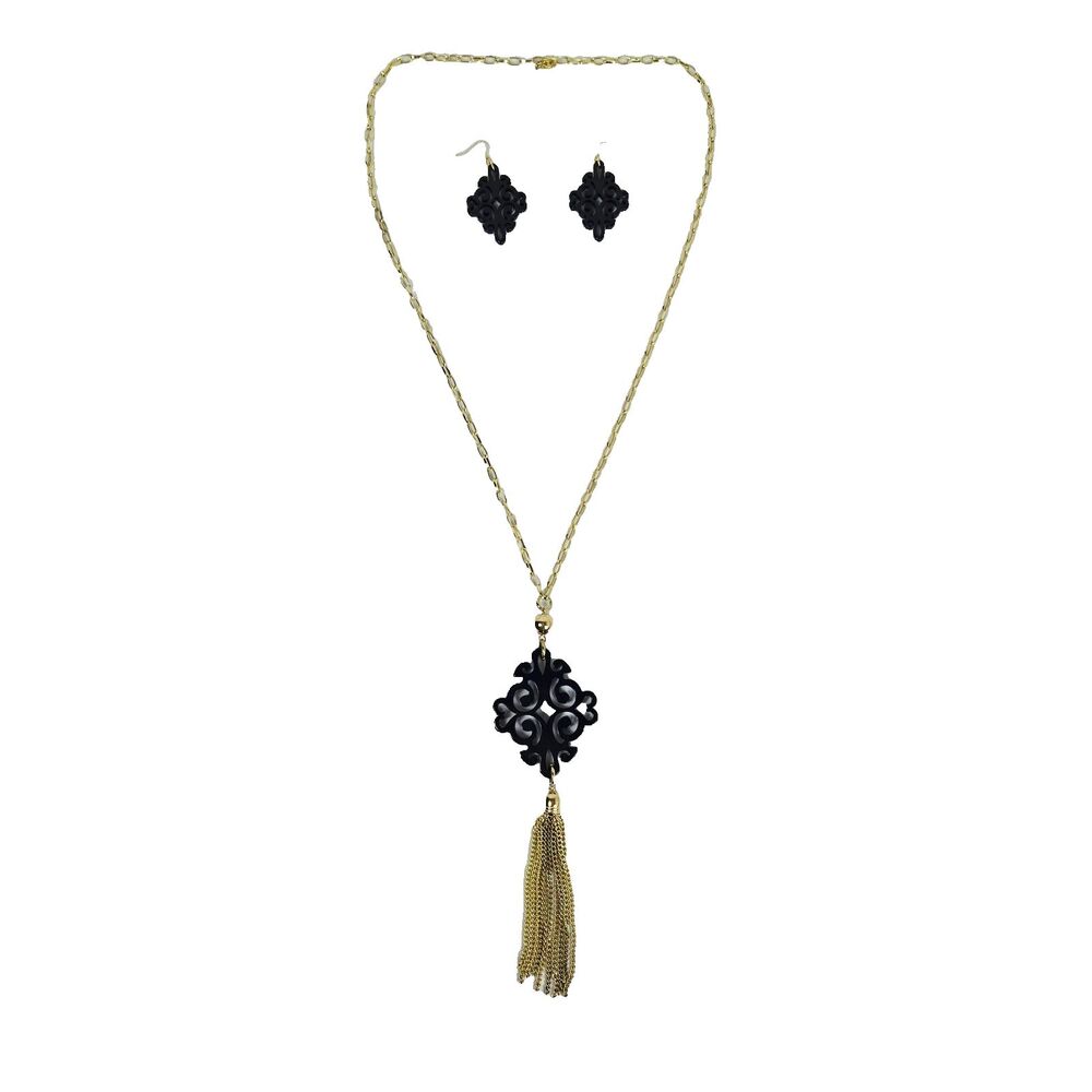 Black Filigree Medallion Necklace & Earring Set with Gold Chain & Tassel Accent